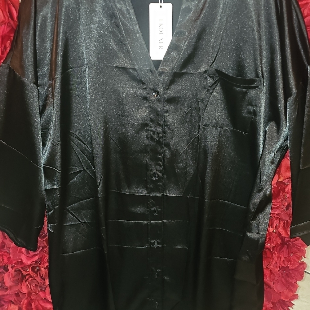 Ekouaer NWT Women's Black Satin Feel Button-Up Nightgown Or Dress Size Xlarge